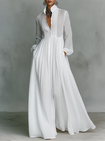 Iseult | Robe Longue Lin Col Montant Boutonnée