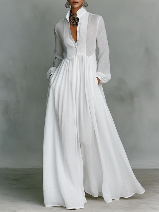 Iseult | Robe Longue Lin Col Montant Boutonnée