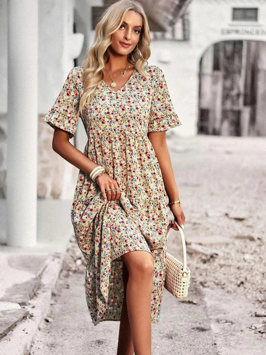 Viviane | Robe Midi Fleurie Col V