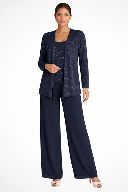 Ombrine | Ensemble Trois Pièces Dentelle Pailletée Pantalon Large