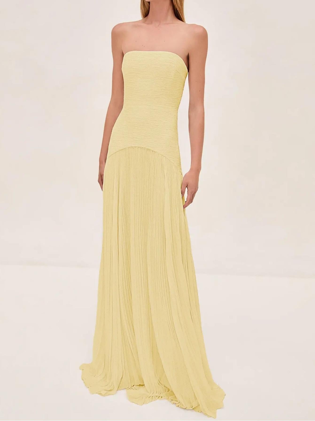 Eulalie | Robe Longue Plissée Sans Bretelles pour Mariage Invitée