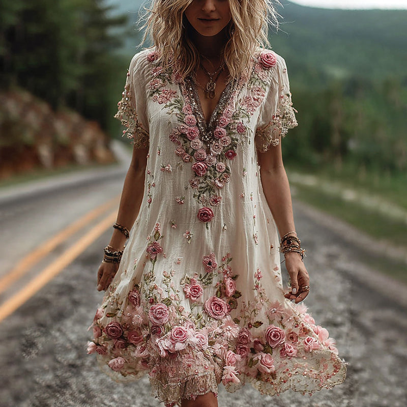 Solange | Robe Brodée Fleurie Col V
