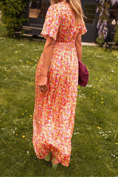 Romaine | Robe Longue Fleurie Col V Plissée pour Mariage Invitée