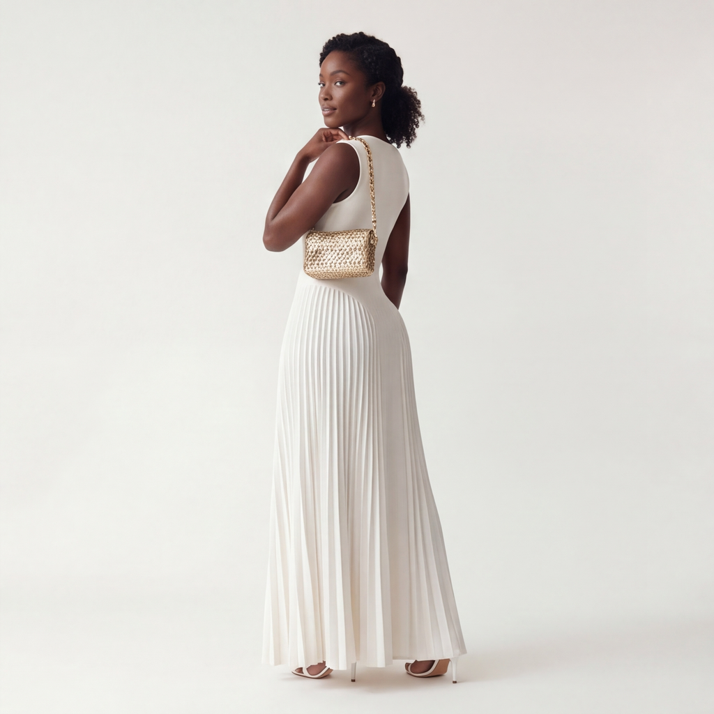 Gaudine | Robe Longue Plissée Col V Taille Structurée