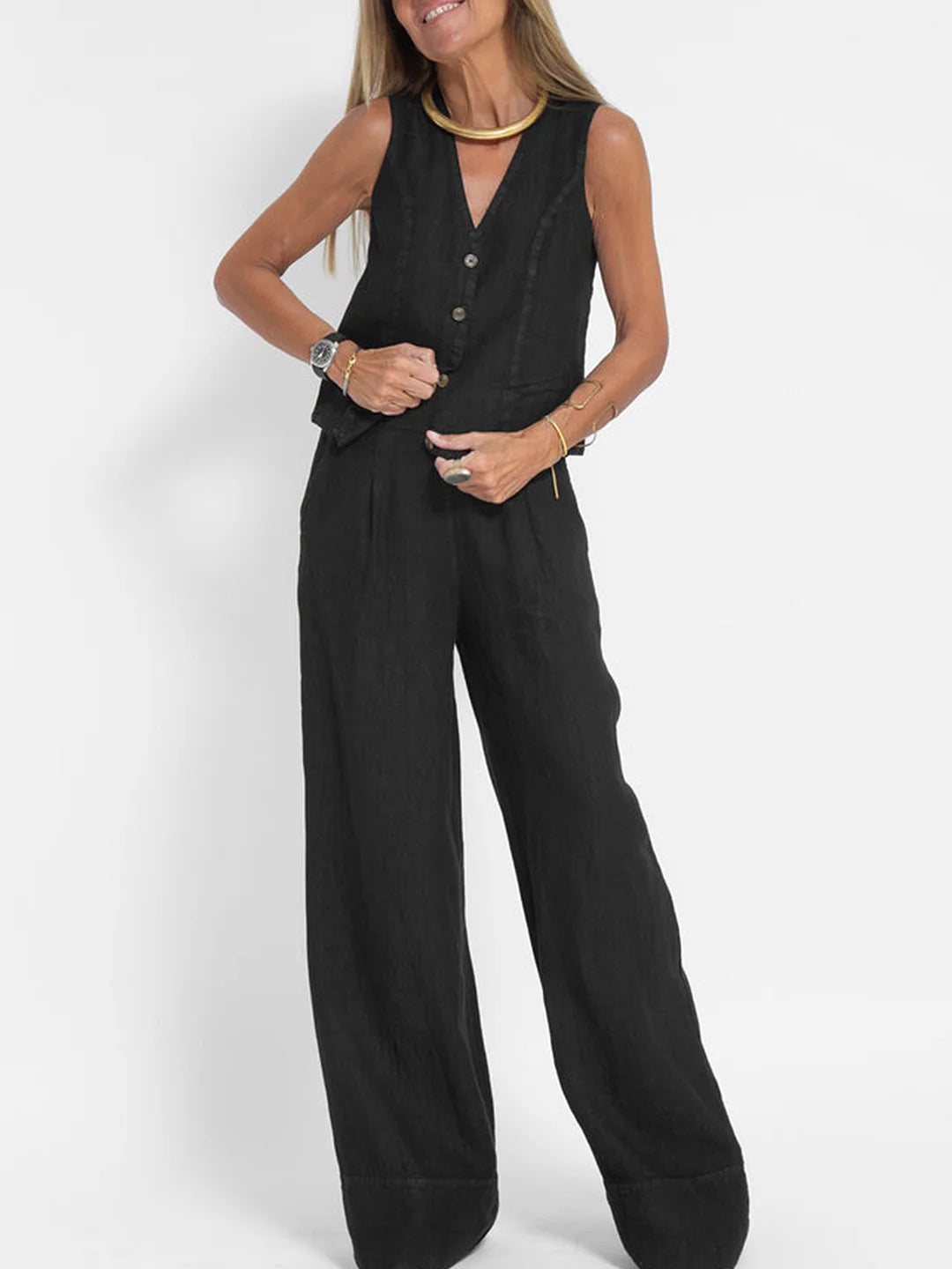 Marceline | Ensemble Lin Gilet Col V Pantalon Large
