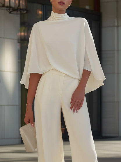 Solange | Ensemble Blouse Cape Pantalon Large Fendu