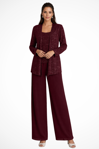 Ombrine | Ensemble Trois Pièces Dentelle Pailletée Pantalon Large