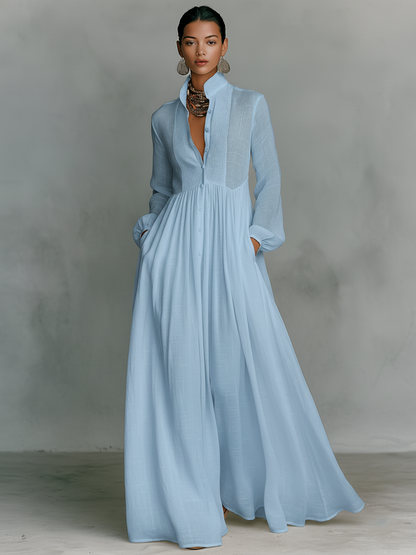 Iseult | Robe Longue Lin Col Montant Boutonnée