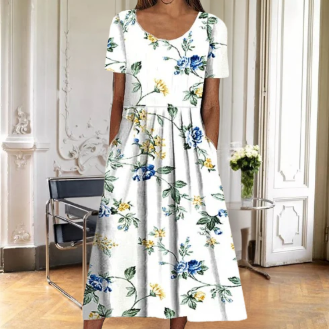 Liliane | Robe Midi Fleurie à Manches Courtes