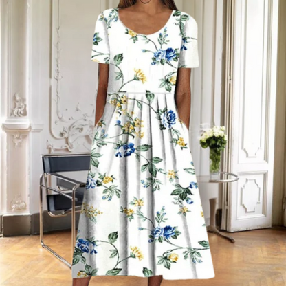 Liliane | Robe Midi Fleurie à Manches Courtes