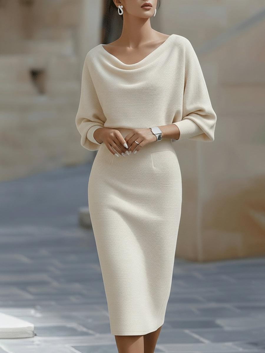 Isaline | Robe midi femme chic à manches chauve-souris drapées