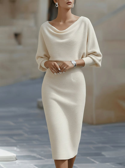 Isaline | Robe midi femme chic à manches chauve-souris drapées