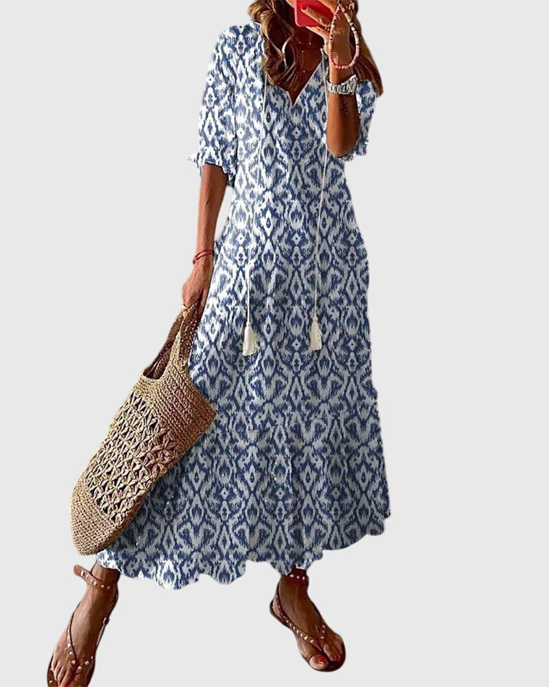 Éloria | Robe Longue Bohème d’Été Col V