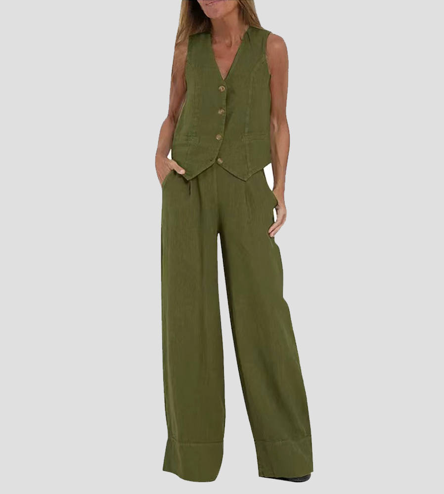 Marceline | Ensemble Lin Gilet Col V Pantalon Large