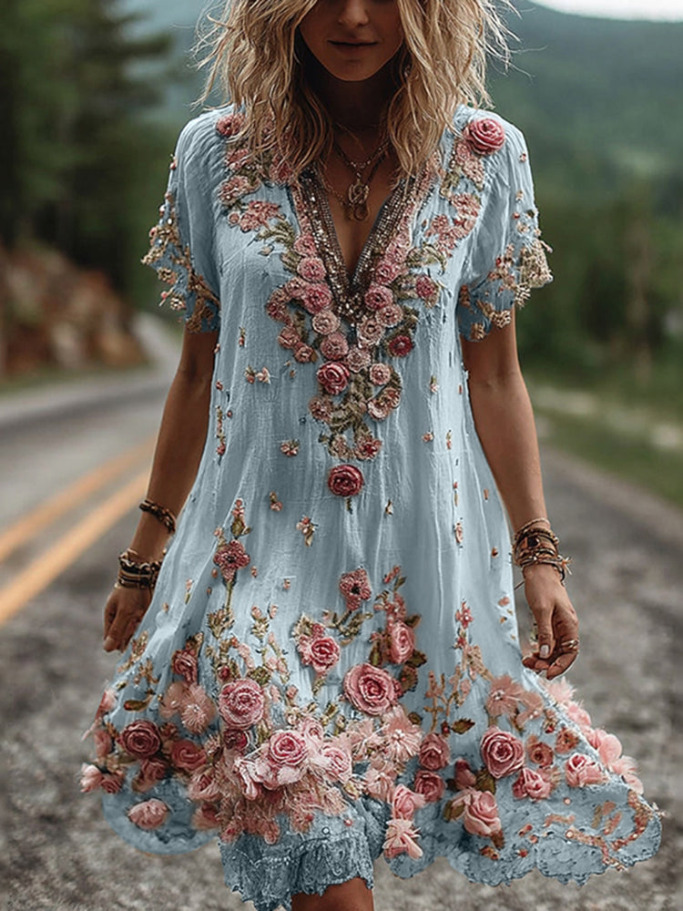 Solange | Robe Brodée Fleurie Col V