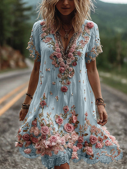 Solange | Robe Brodée Fleurie Col V