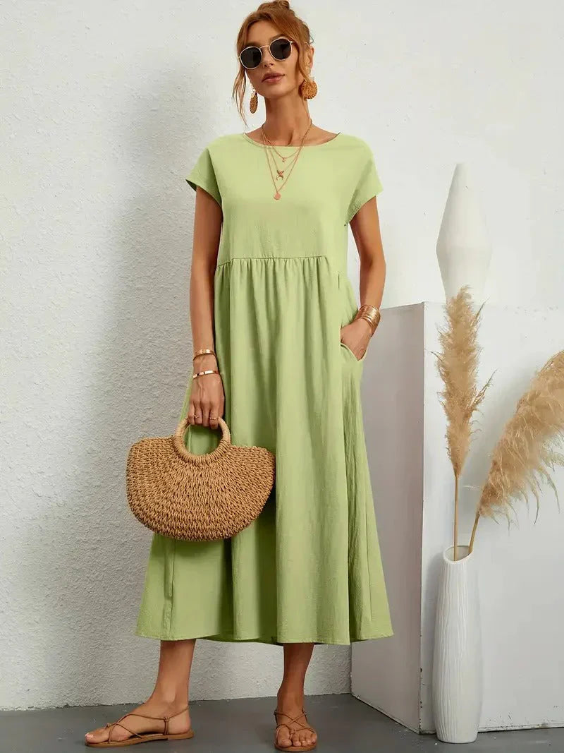 Élise | Robe midi femme légère avec poches et manches courtes