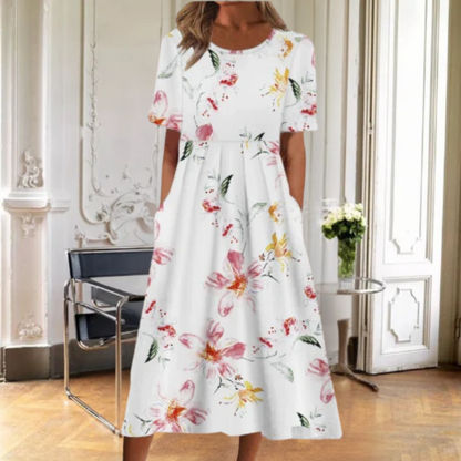 Liliane | Robe Midi Fleurie à Manches Courtes