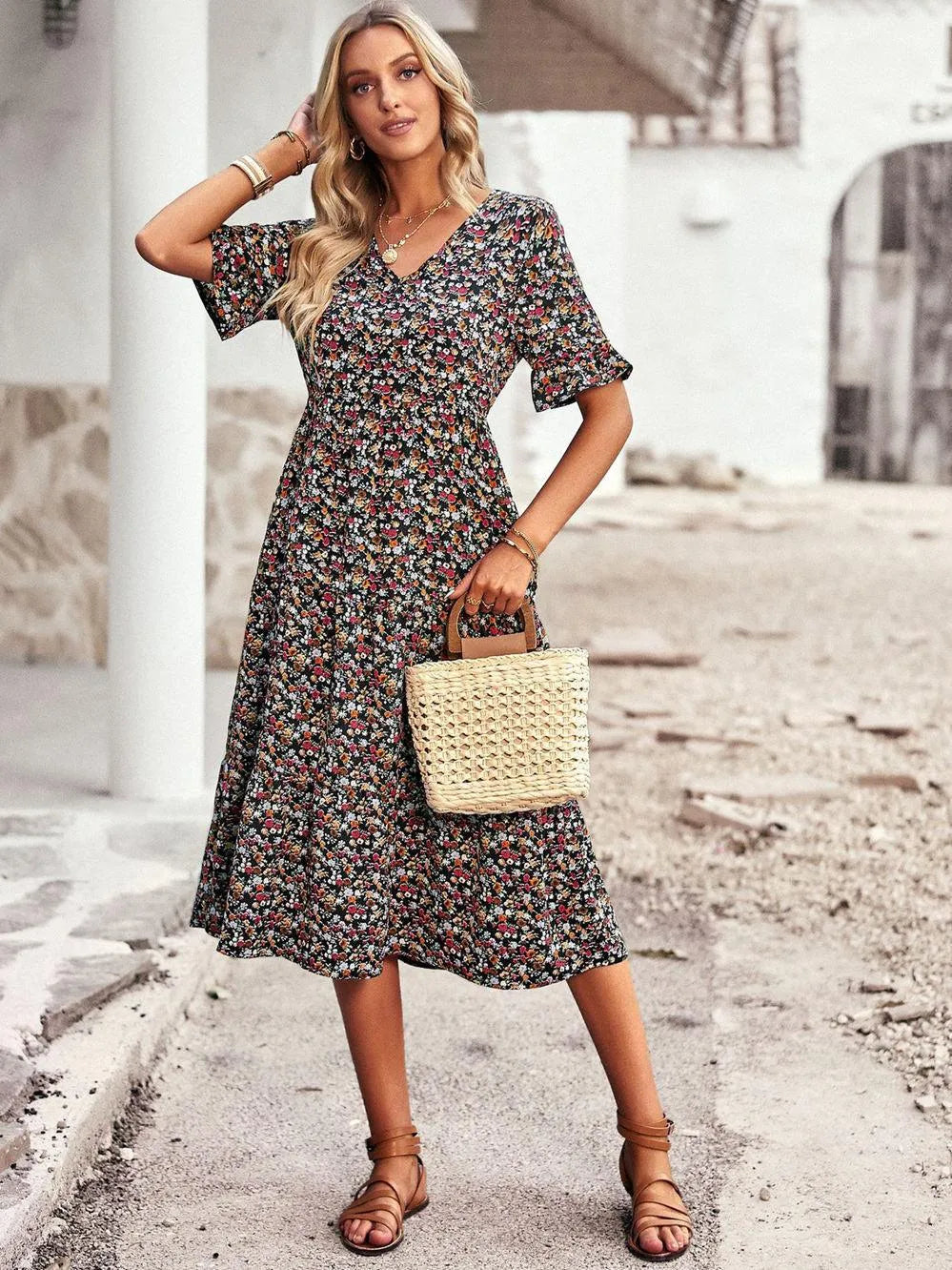 Viviane | Robe Midi Fleurie Col V