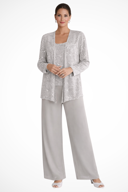 Ombrine | Ensemble Trois Pièces Dentelle Pailletée Pantalon Large
