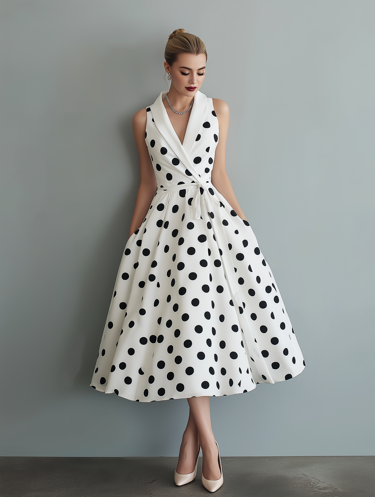 Domitille | Robe Midi Sans Manches à Pois Col Structuré