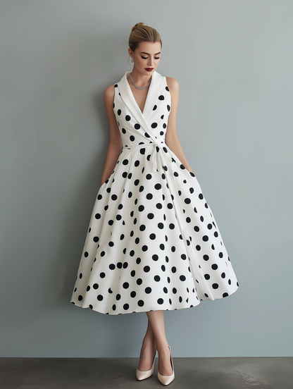 Domitille | Robe Midi Sans Manches à Pois Col Structuré