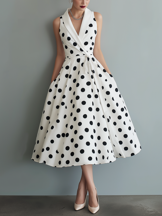 Domitille | Robe Midi Sans Manches à Pois Col Structuré