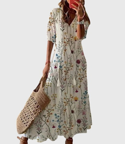 Éloria | Robe Longue Bohème d’Été Col V
