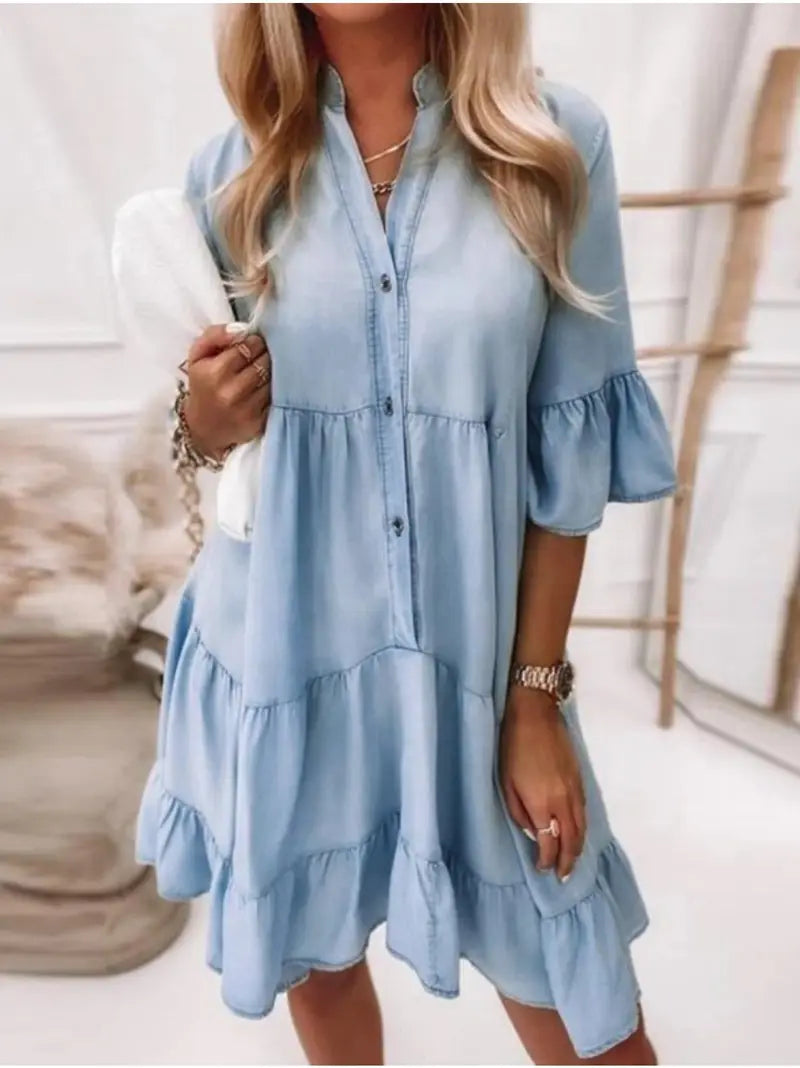 Béatrice | Robe Courte Denim à Volants