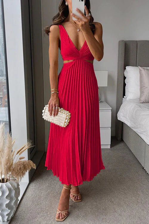 Estelle | Robe Longue Plissée à Découpes Col V pour Mariage Invitée