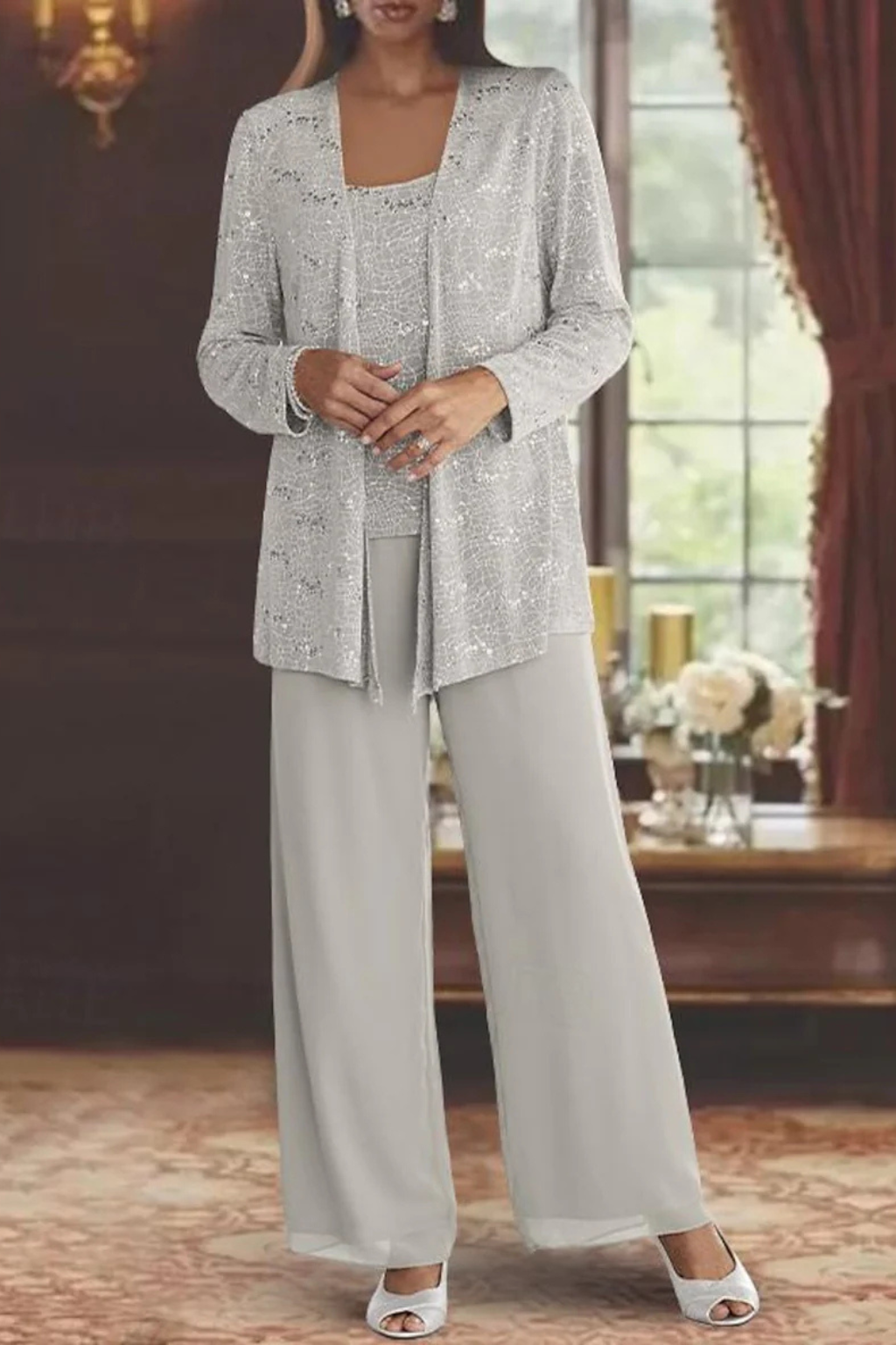 Ombrine | Ensemble Trois Pièces Dentelle Pailletée Pantalon Large
