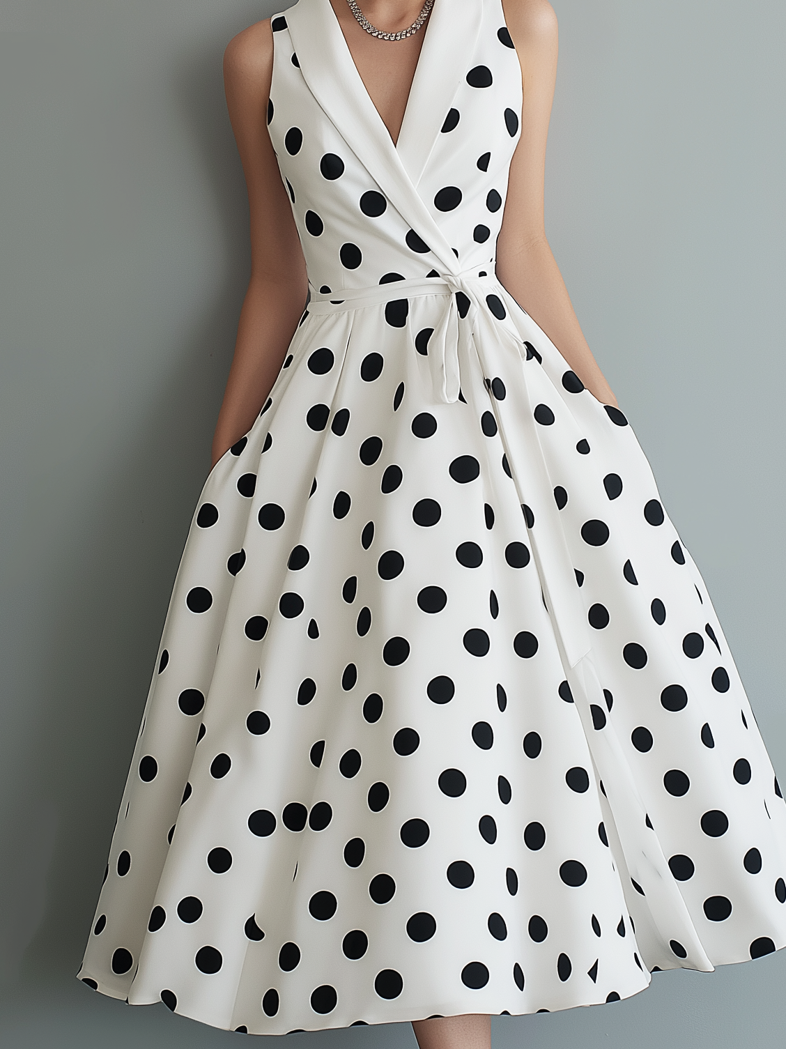 Domitille | Robe Midi Sans Manches à Pois Col Structuré