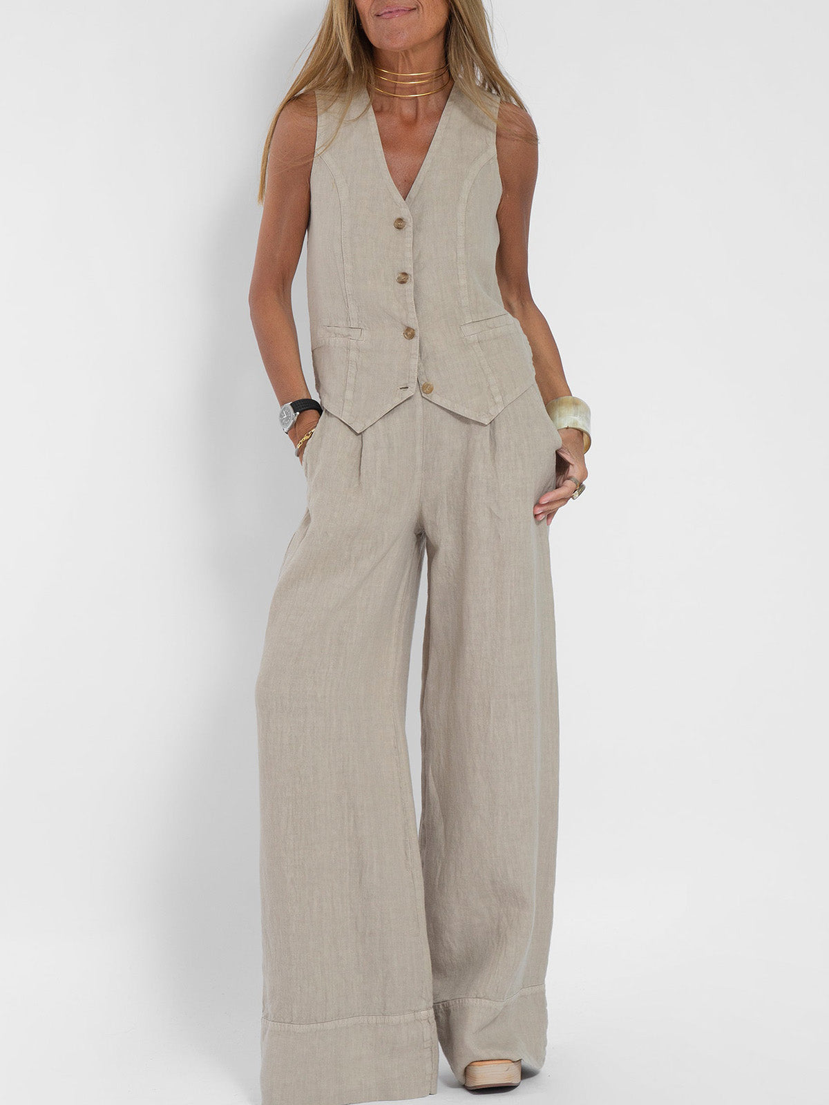 Marceline | Ensemble Lin Gilet Col V Pantalon Large
