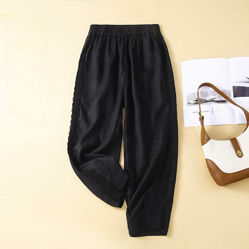 Maelle | Pantalon Coton Lin Brodé Taille Élastique