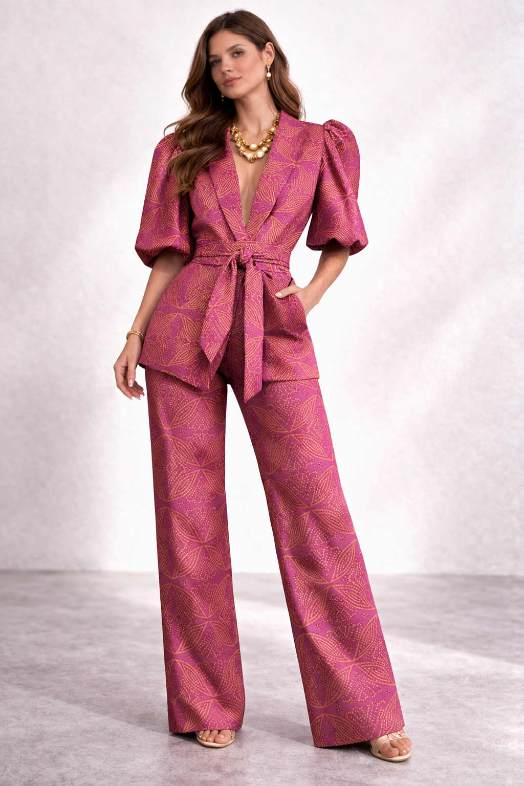 Maïté | Ensemble Pantalon Multicolore Manches Bouffantes