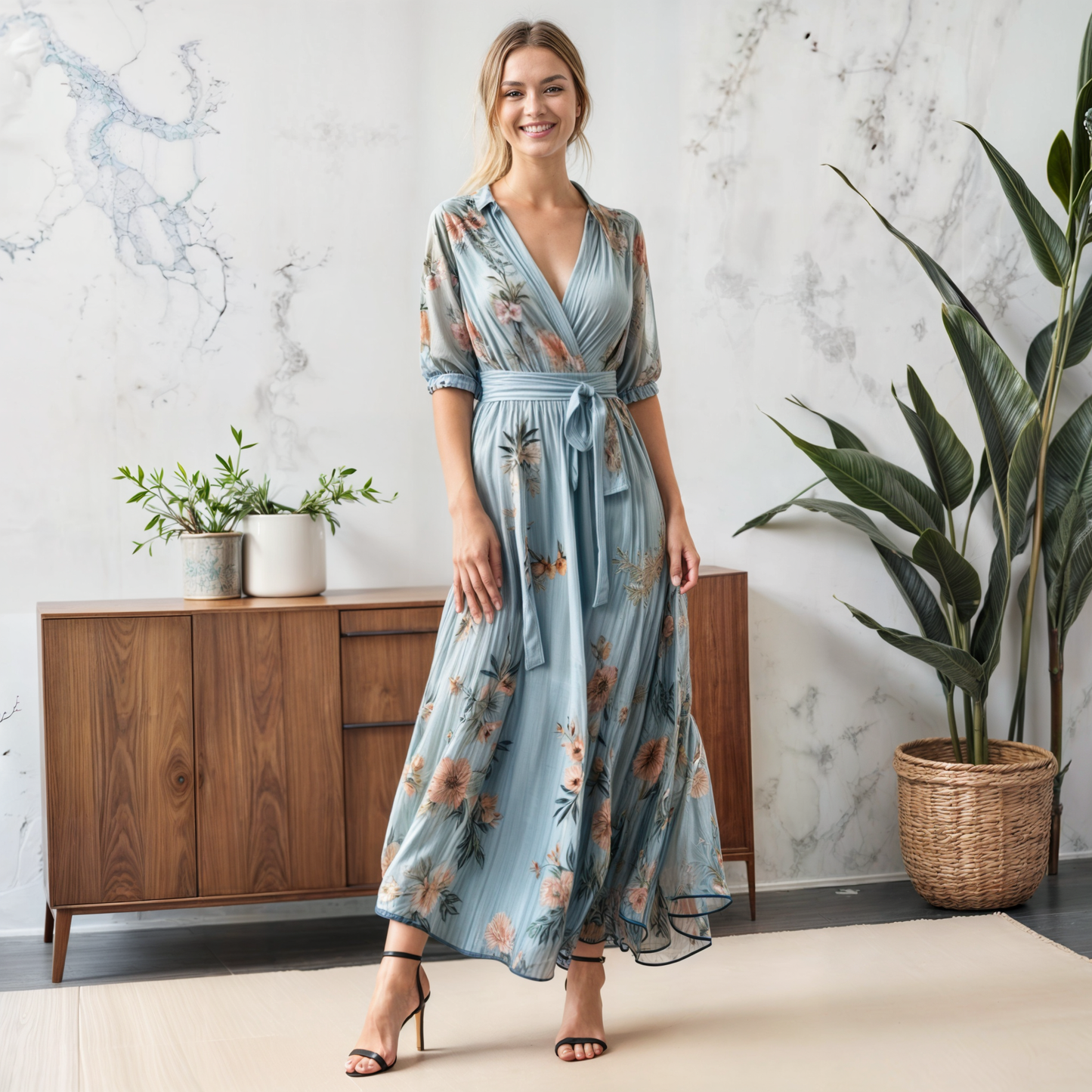 Marielle | Robe Midi Florale Manches Bouffantes