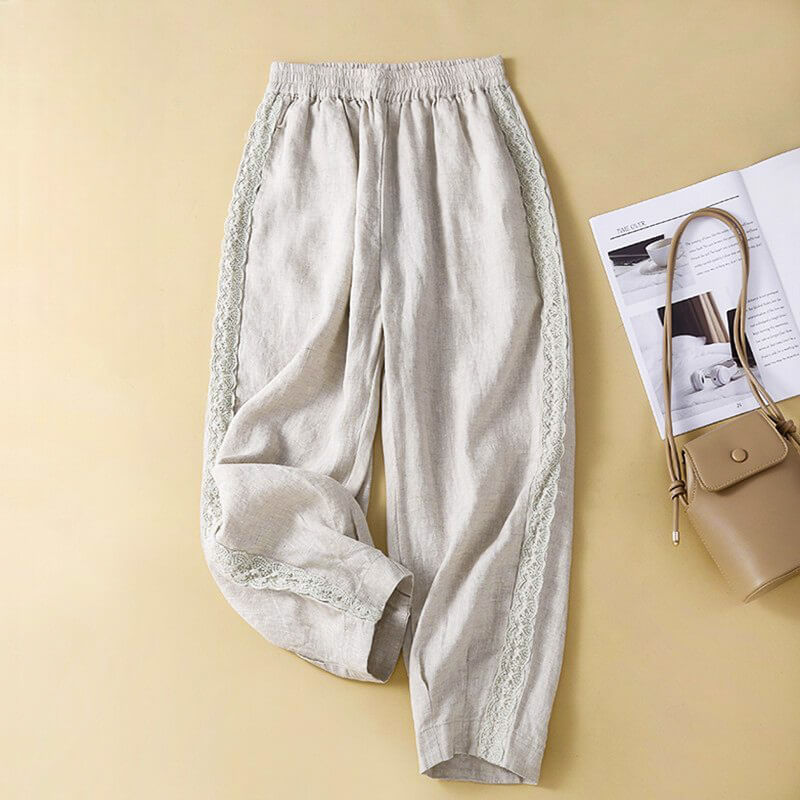 Maelle | Pantalon Coton Lin Brodé Taille Élastique