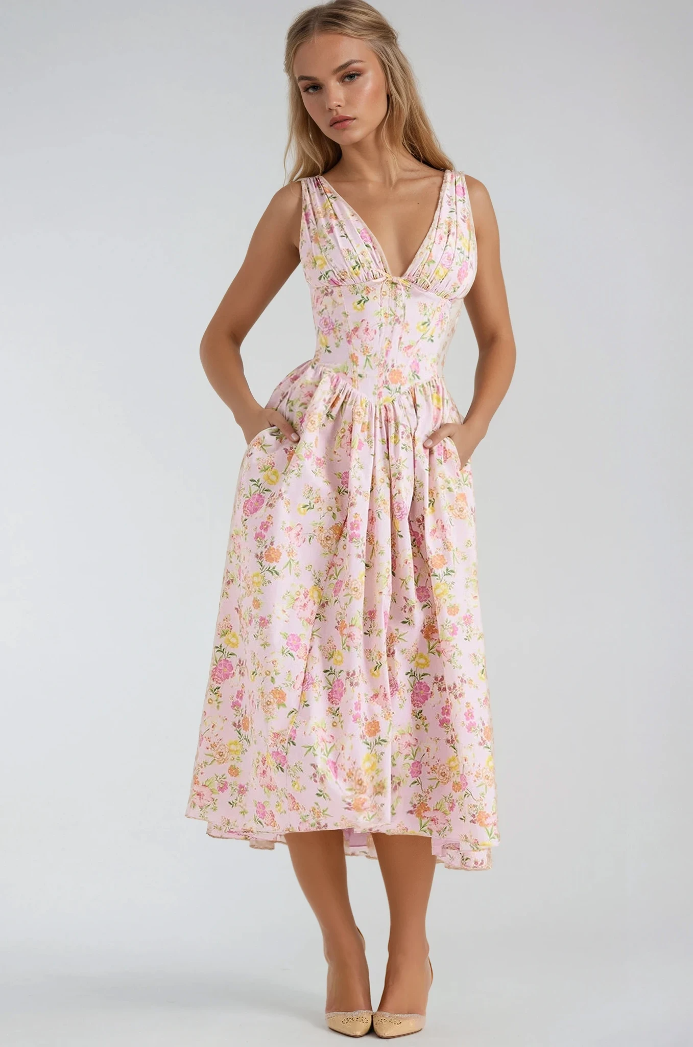 Émeline | Robe Midi Florale Sans Manches