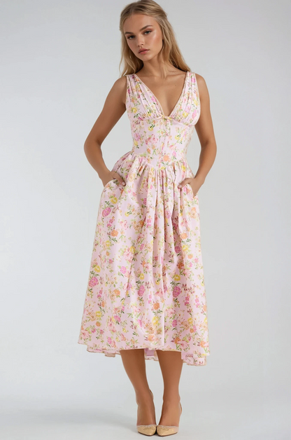 Émeline | Robe Midi Florale Sans Manches
