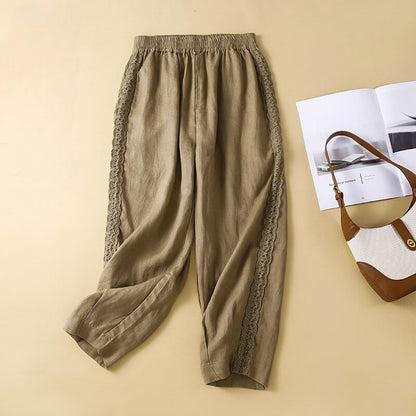 Maelle | Pantalon Coton Lin Brodé Taille Élastique