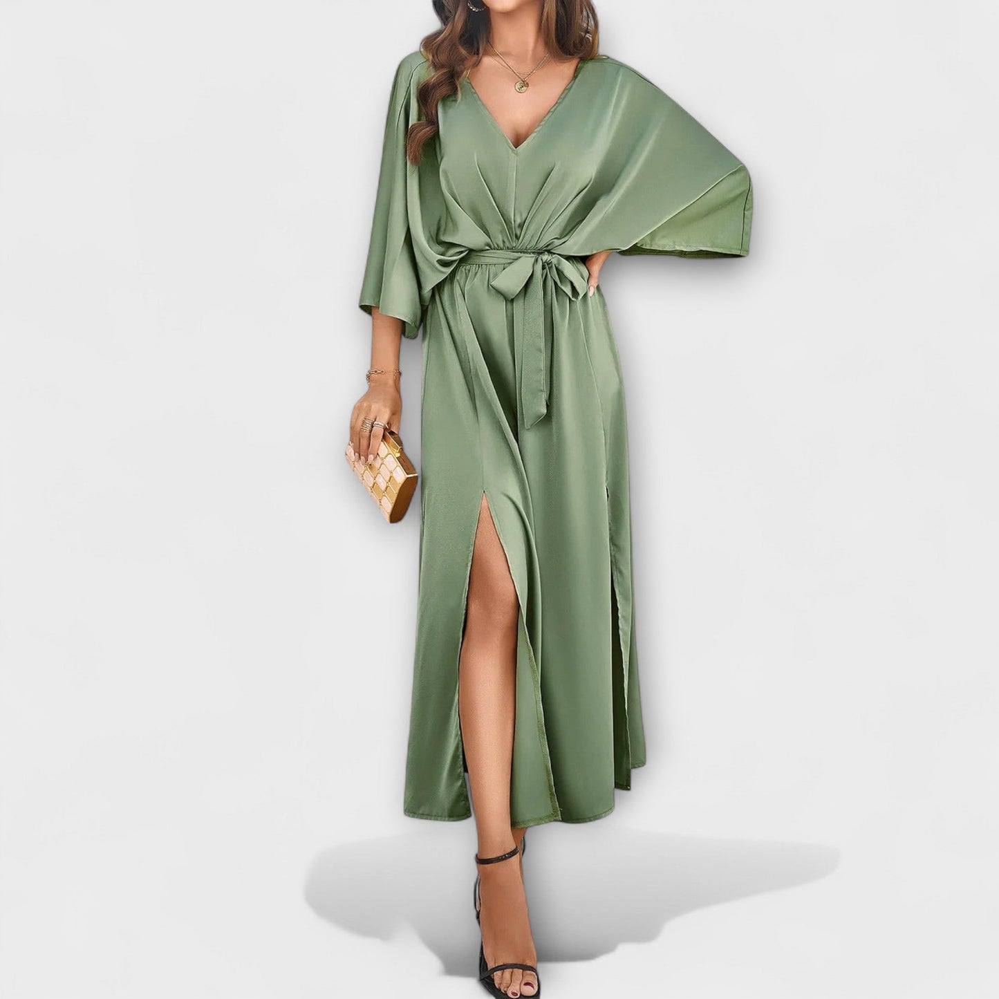 Champagnine | Robe Longue Col V Ceinturée Fendue