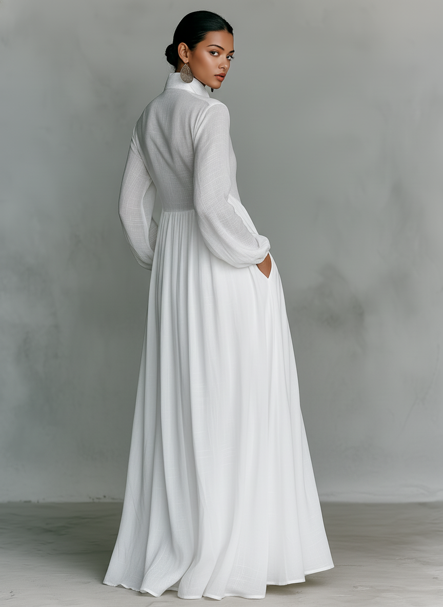 Iseult | Robe Longue Lin Col Montant Boutonnée