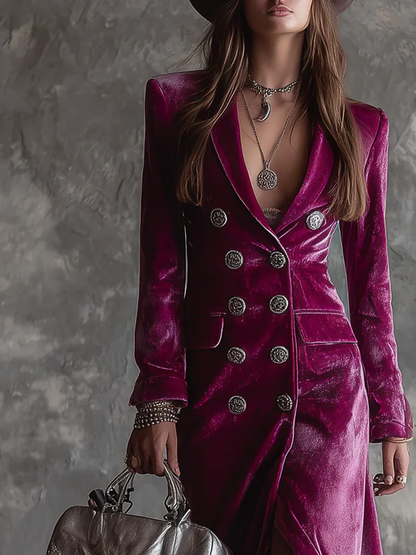 Velourine | Robe Longue Velours Buste Blazer Violette