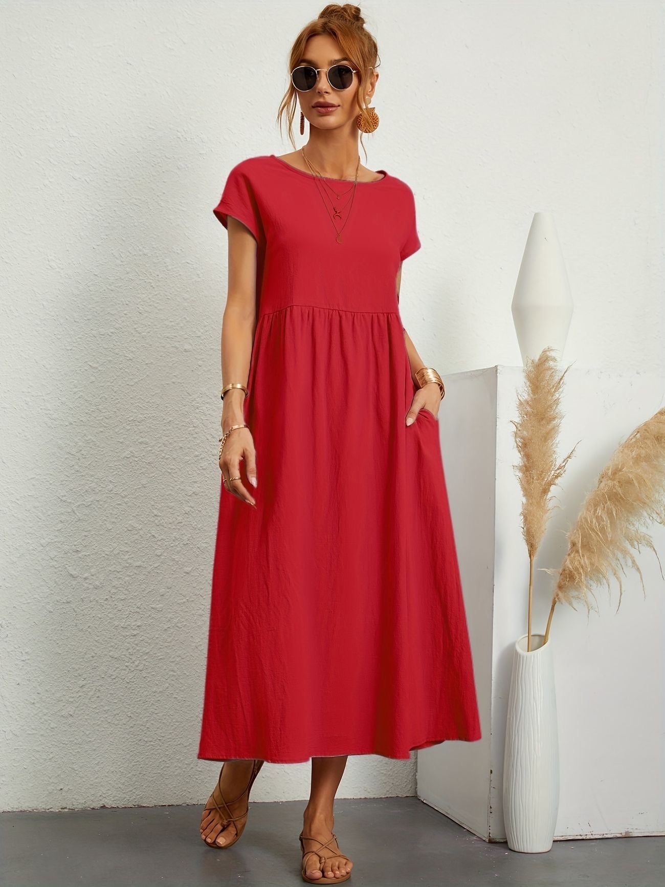 Élise | Robe midi femme légère avec poches et manches courtes