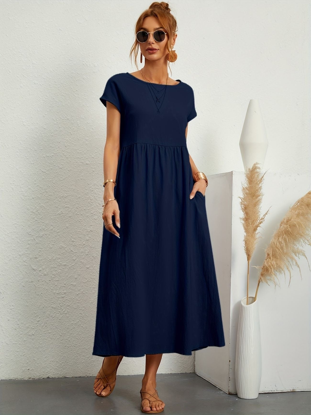 Élise | Robe midi femme légère avec poches et manches courtes