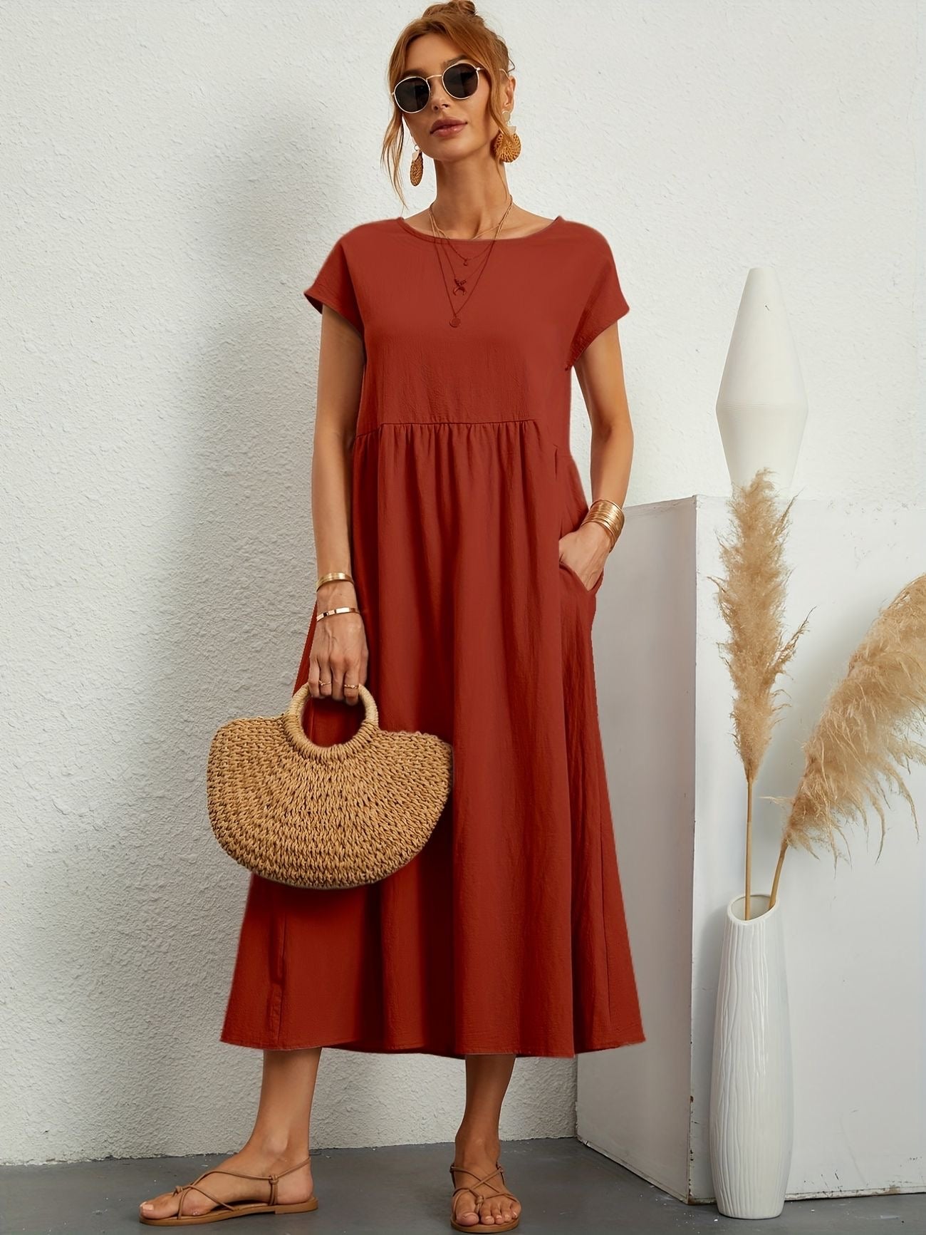 Élise | Robe midi femme légère avec poches et manches courtes