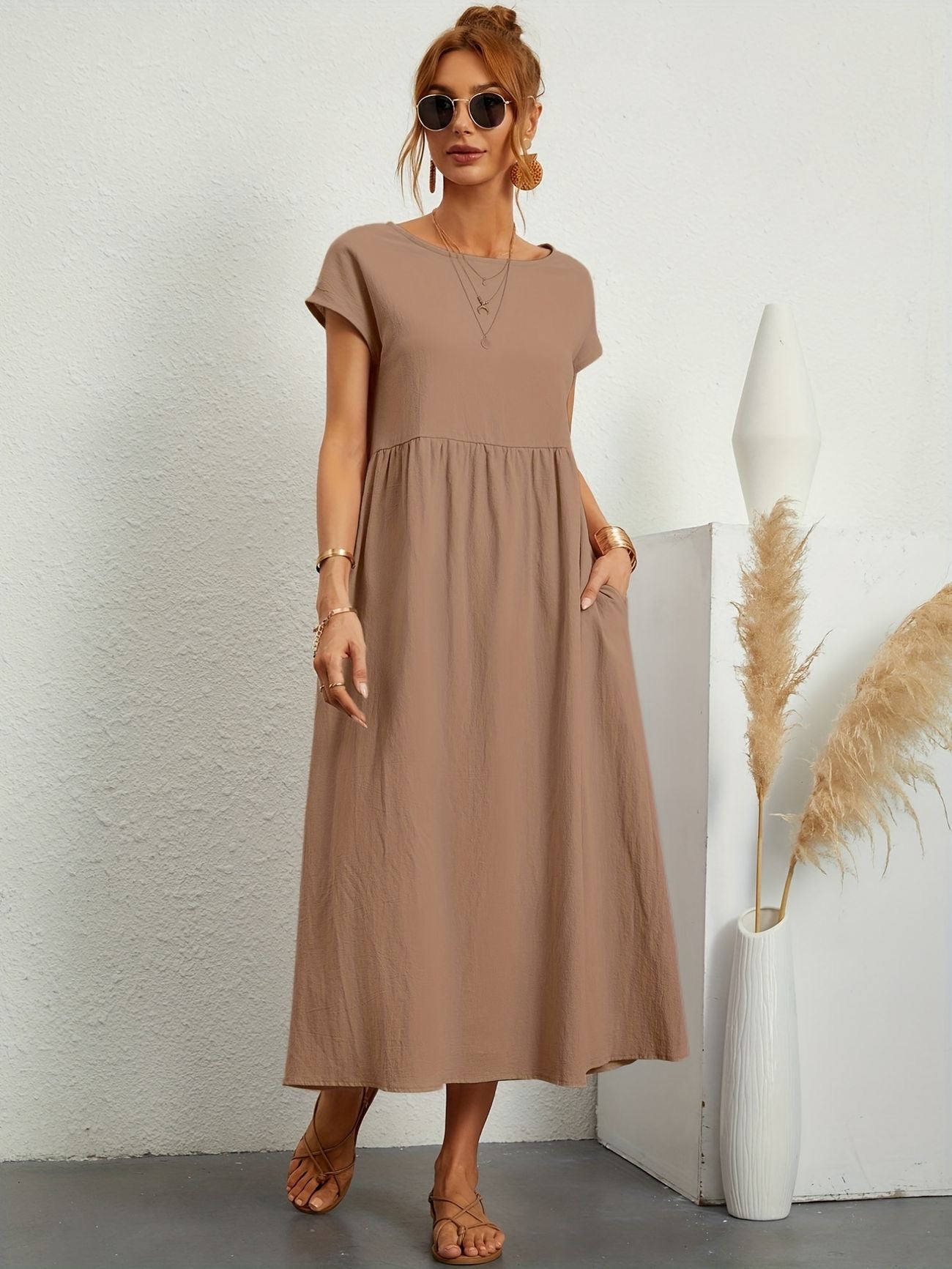 Élise | Robe midi femme légère avec poches et manches courtes