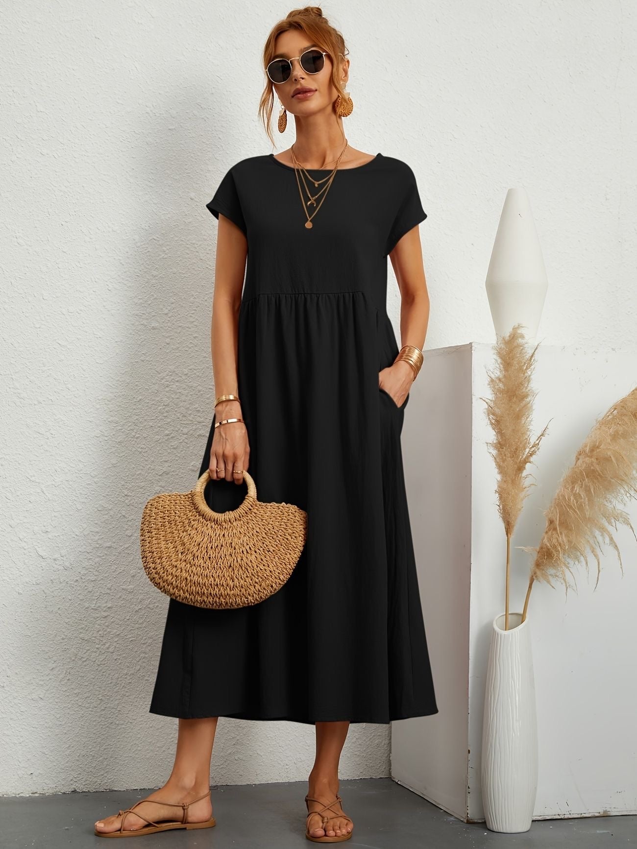 Élise | Robe midi femme légère avec poches et manches courtes