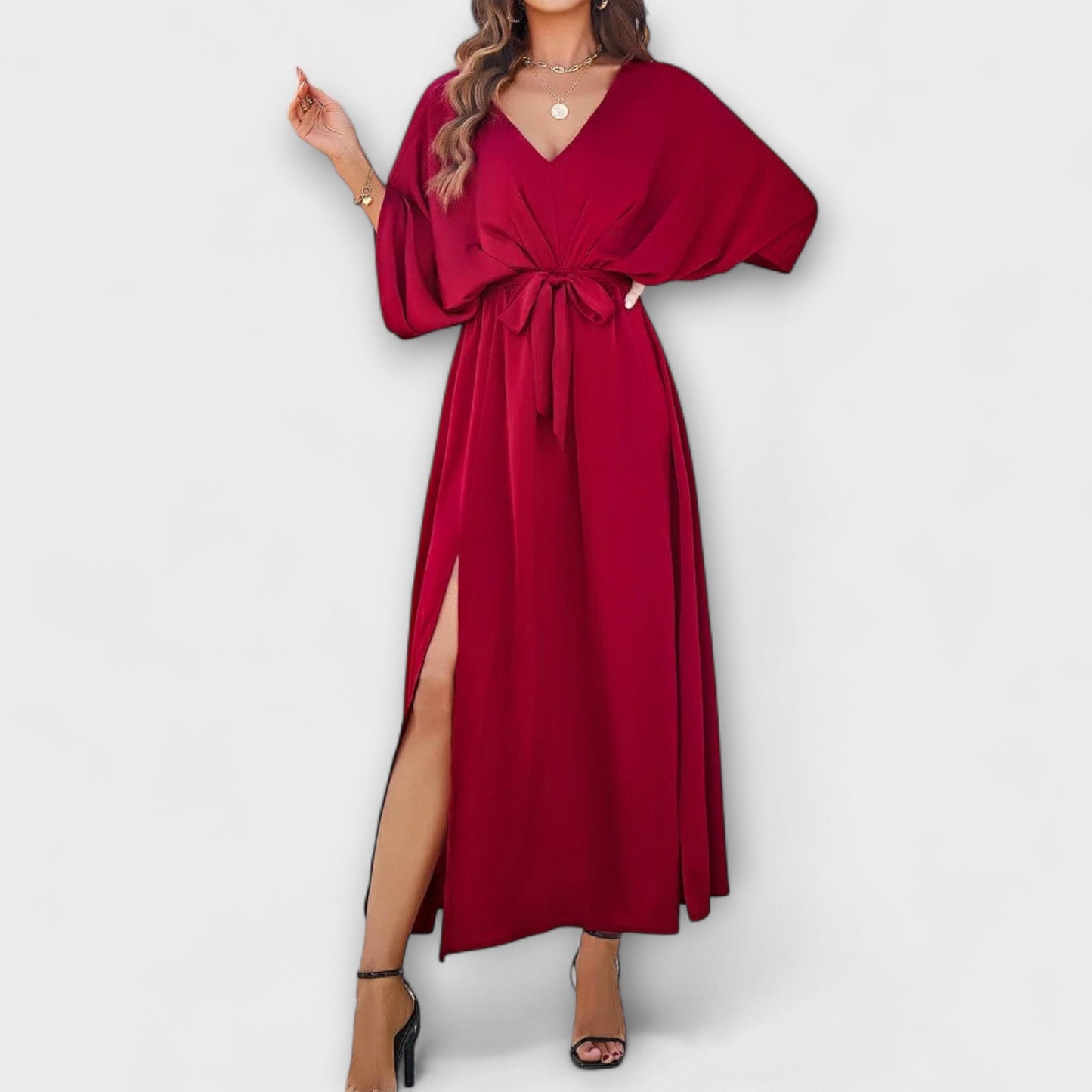 Champagnine | Robe Longue Col V Ceinturée Fendue