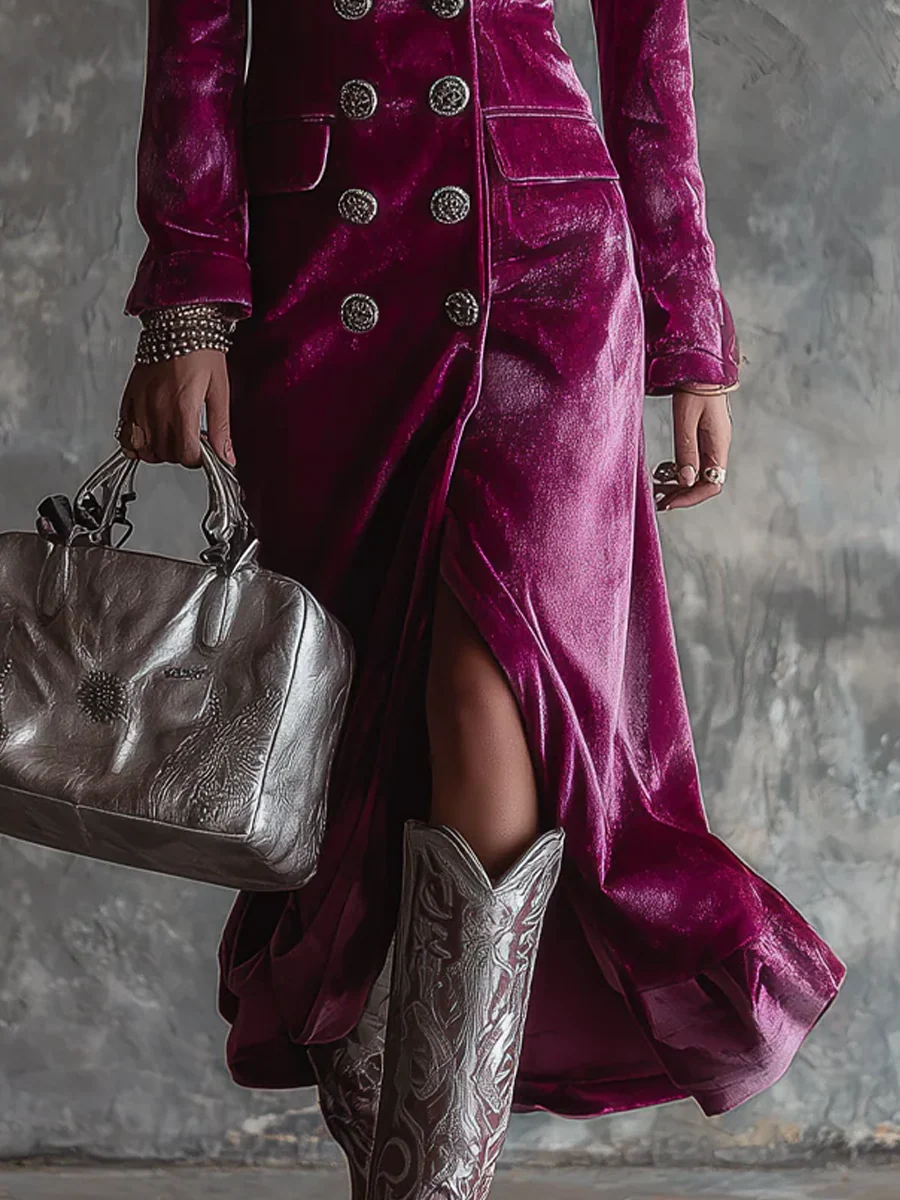 Velourine | Robe Longue Velours Buste Blazer Violette